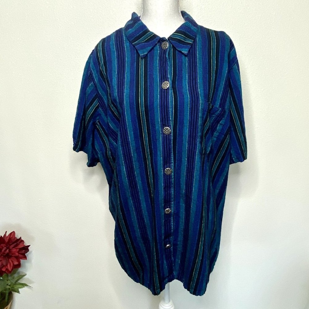 Copa Cabana Petites Linen Blend Blue Striped Top